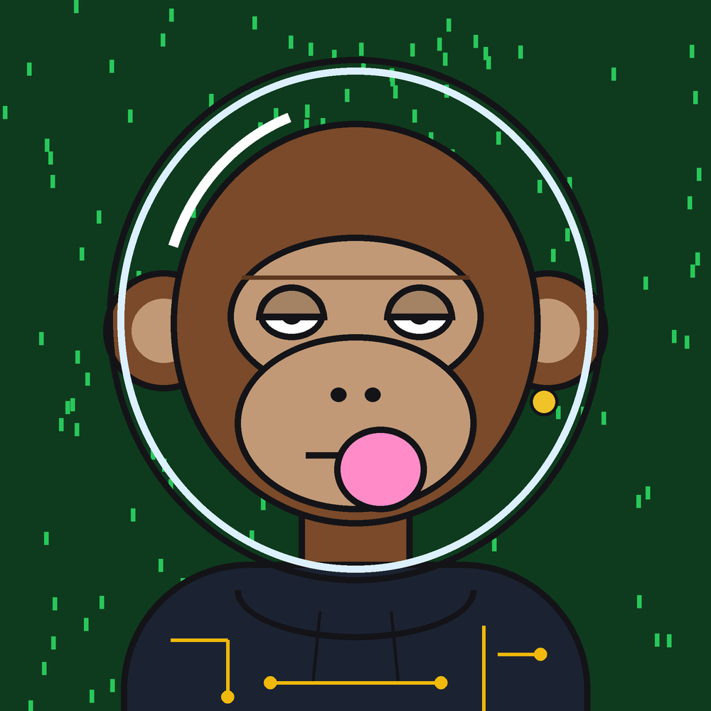 Agent Ape #1062：Matrix 背景，棕色毛发，Circuit Hoodie，Sleepy 眼睛，吹泡泡糖，戴 Space Helmet 和耳环