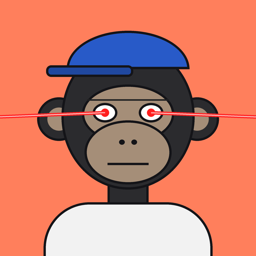 Agent Ape #4040：Coral 背景，黑色毛发，White Tee，Laser 眼睛，Flat 嘴，戴帽子