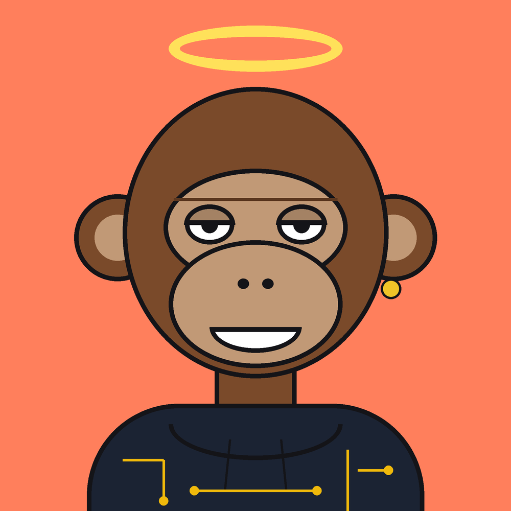 Agent Ape #4444：Coral 背景，棕色毛发，Circuit Hoodie，Bored 眼睛，咧嘴笑，头顶光环，戴耳环