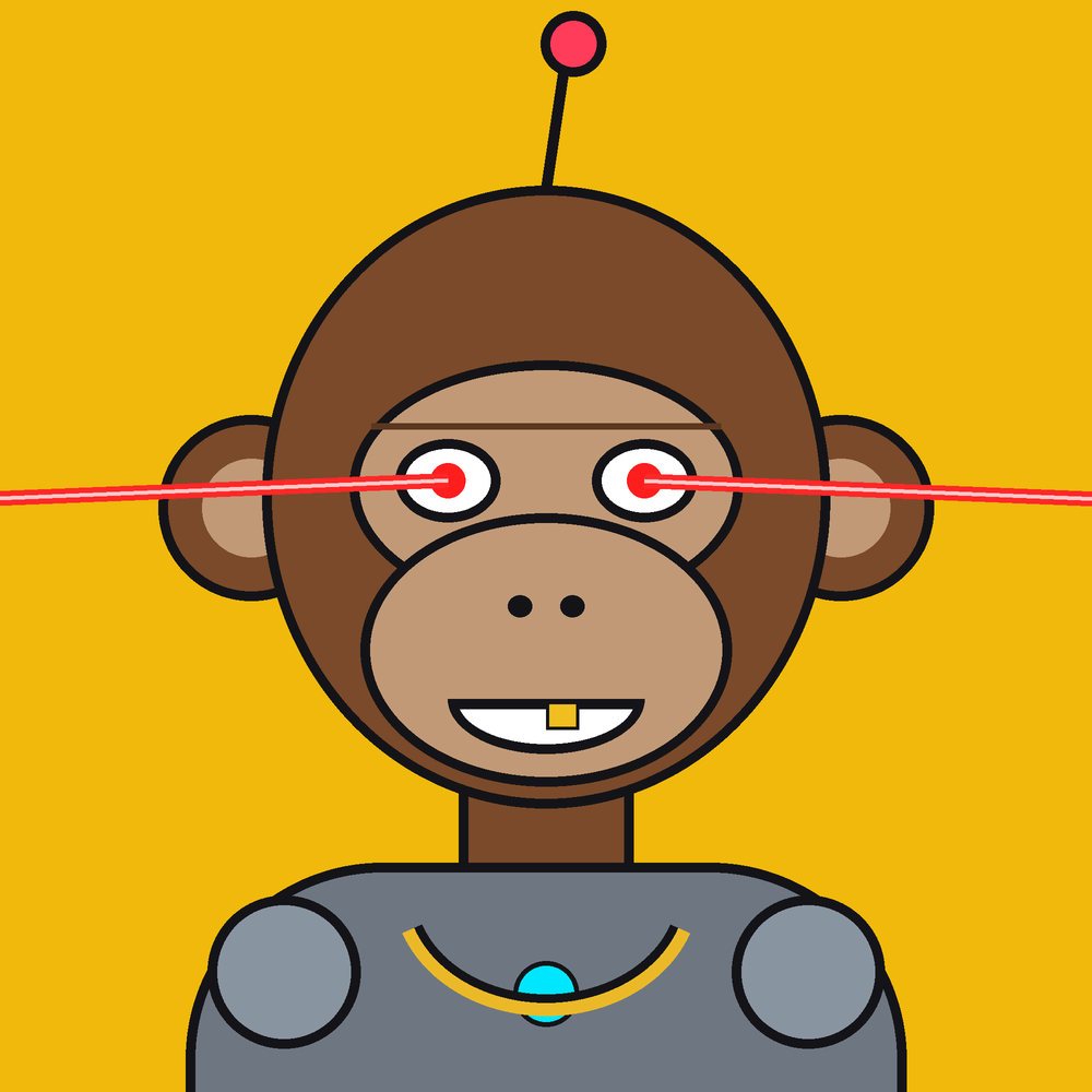 Agent Ape #5000：Binance Gold 背景，棕色毛发，Mech Armor，Laser 眼睛，金牙，Antenna 和金链
